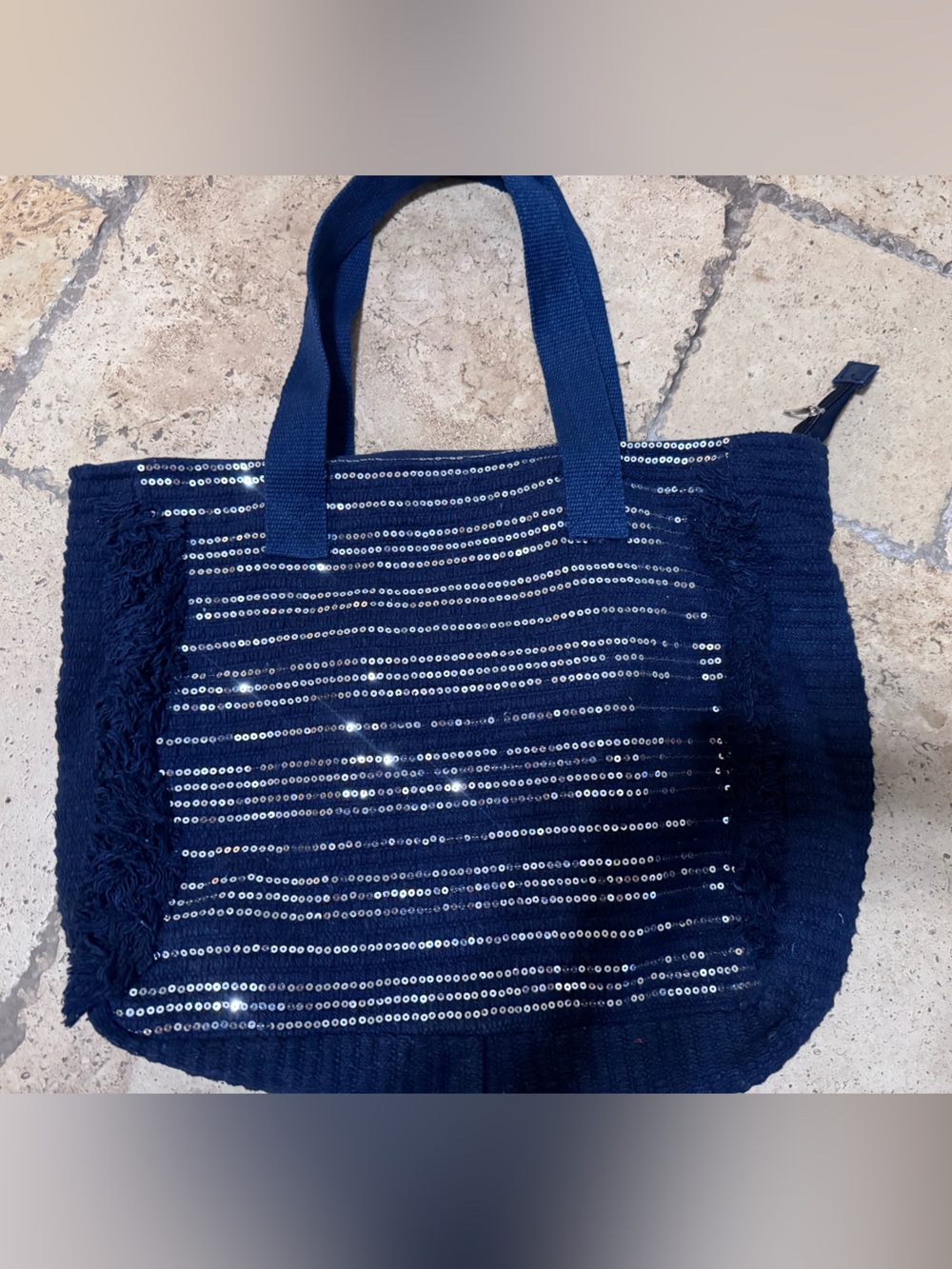 Navy Silver sequence fringe tote bag